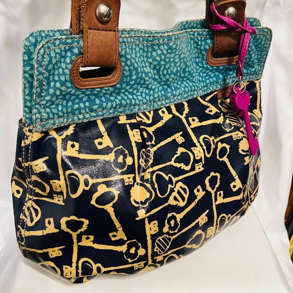 Fossil Key-Per Shoulder/Tote Purse-Teal/Navy Shopper-14" x 12" x 3 1/2"- Leather